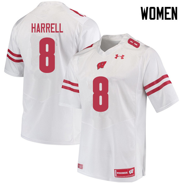 Wisconsin Badgers Women's #8 Deron Harrell NCAA Under Armour Authentic White College Stitched Football Jersey ZS40D65KG